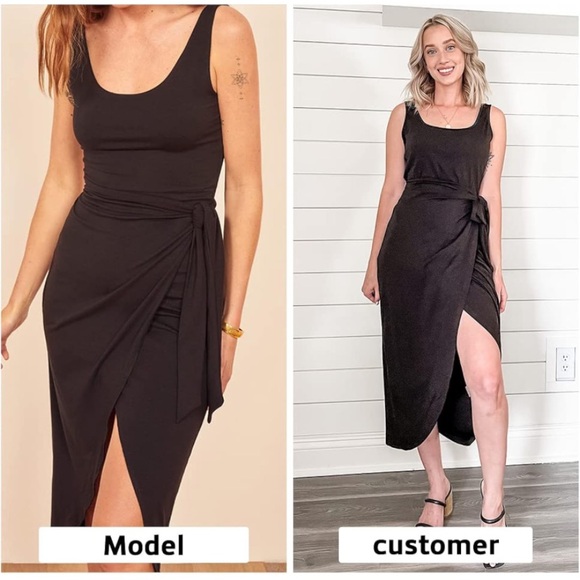 Summer Sleeveless Solid Split Front Bodycon Midi Tank Dress with Belt - Picture 4 of 6